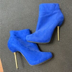 Shoe Dazzle Royal Blue Suede Stiletto Ankle Booties with Gold Heels